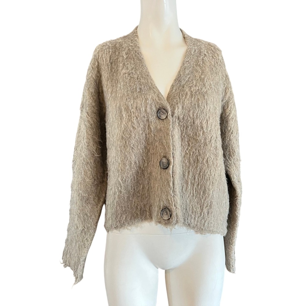 Madewell XS Fuzzy Alpaca Wool Blend Cardigan Sweater Heather Oatmeal Tan V-Neck
